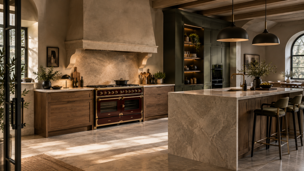 Keuken waarin een luxe fornuis het middelpunt vormt