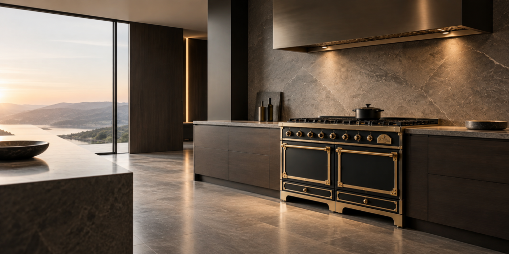 Luxe fornuis in een sfeervolle, donkere keuken